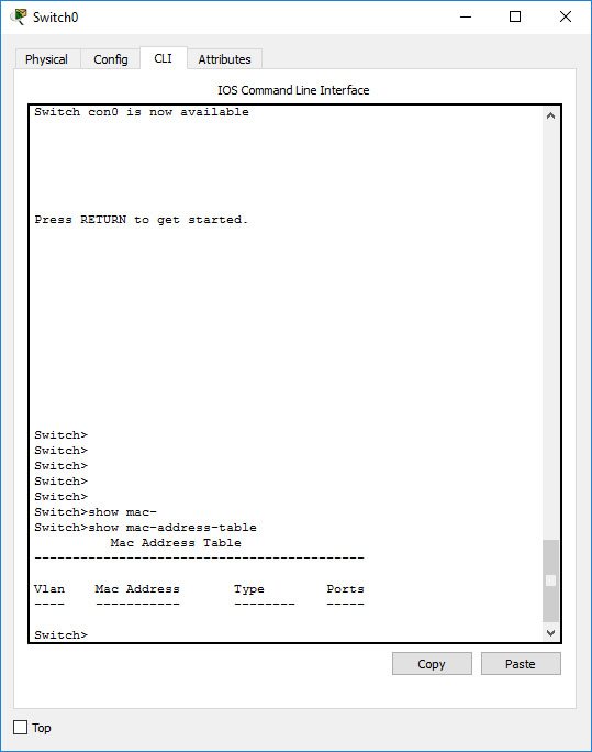 The switch's MAC address table is empty